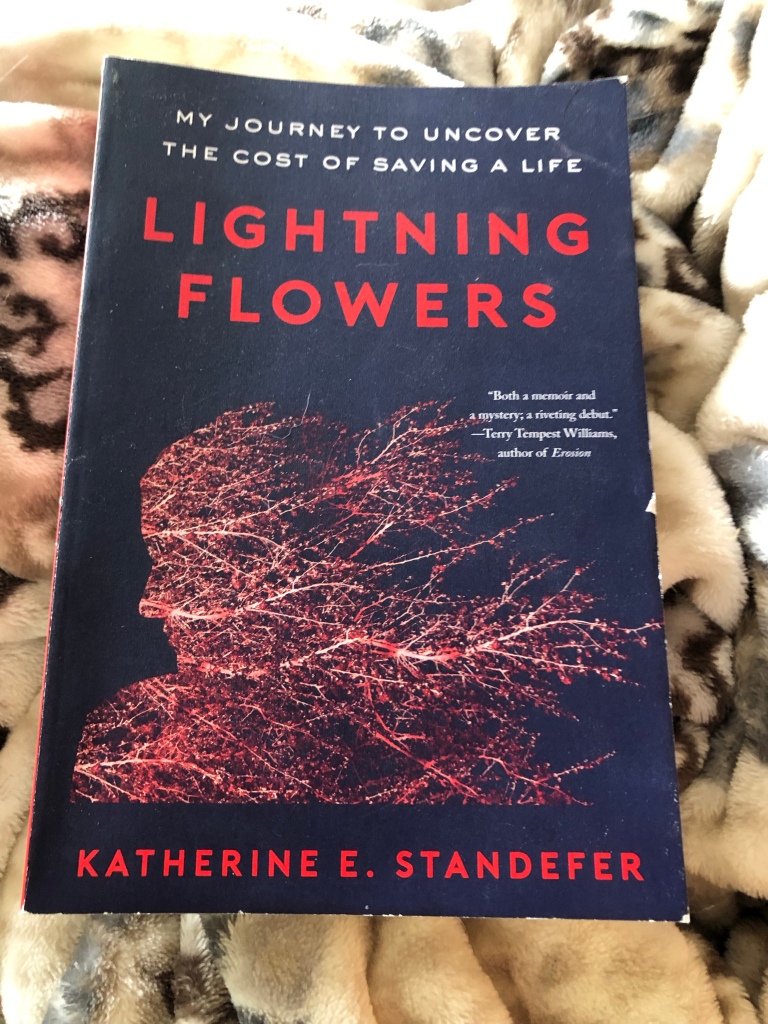 Book cover of Lightning Flowers: My Journey to Uncover the Cost of Saving a Life by Katherine E. Standefer. Cover is deep blue. Letters are red. There is a silhouette of a face in profile, created by a system of red branches and flowers, veined in white.
